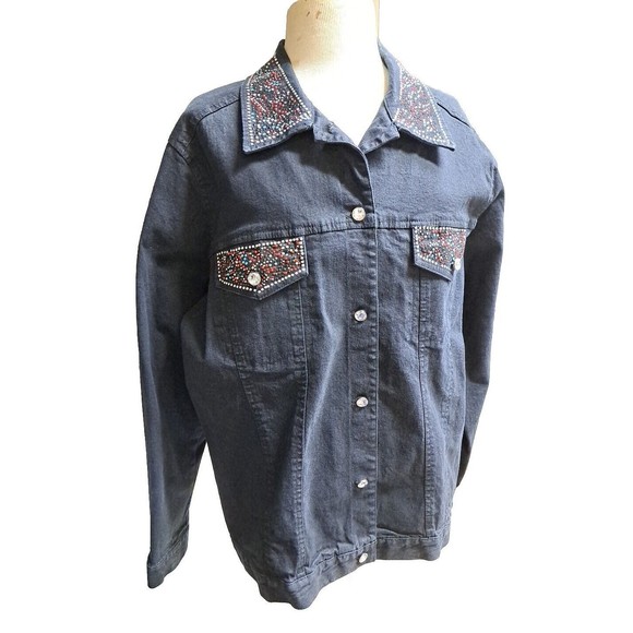 Mirasol Woman Plus Size 2X Black Denim Trucker Jacket Rhineston Studded Collared - Picture 1 of 11